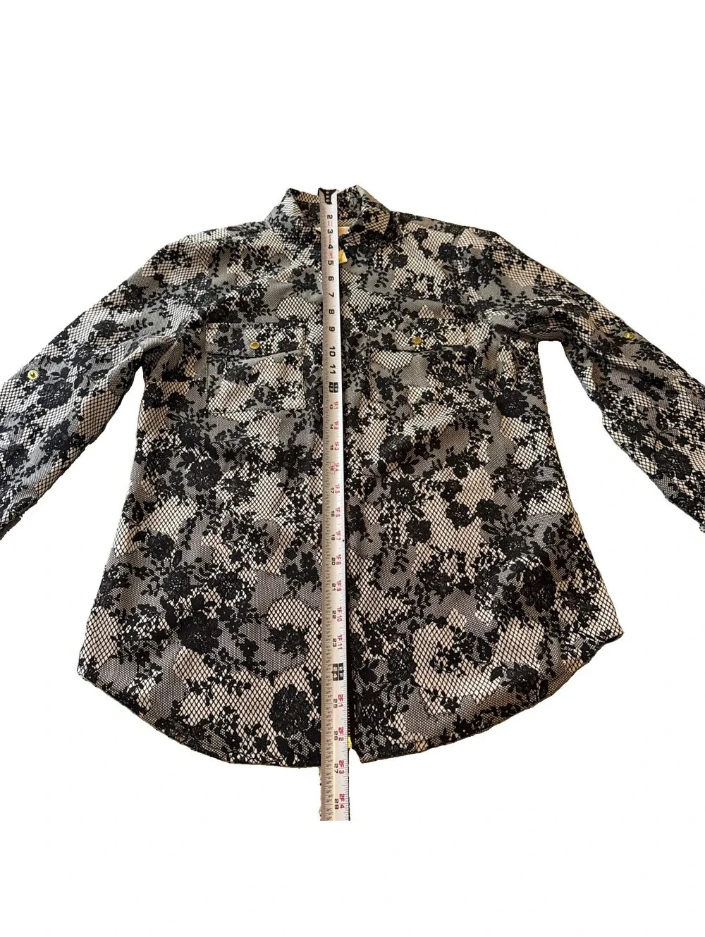 Michael Kors Black Floral Long Sleeve Zipper Shirt w/ Gold Hardware Size XS EUC